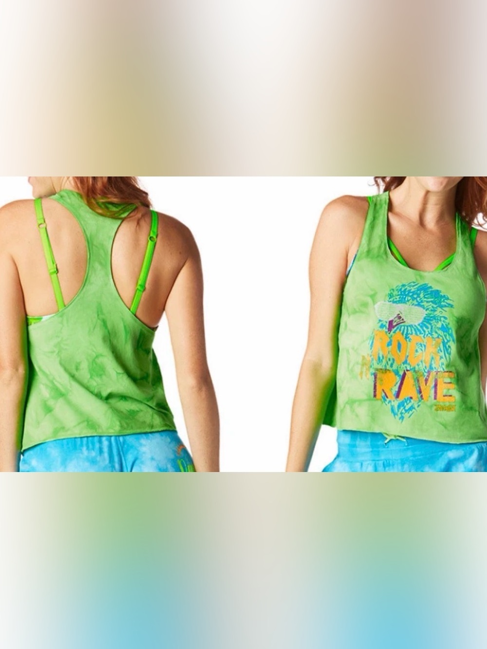 Size S - Women’s Zumba Rock N Rave Green Tie Dye Loose Cropped Racerback Tank g